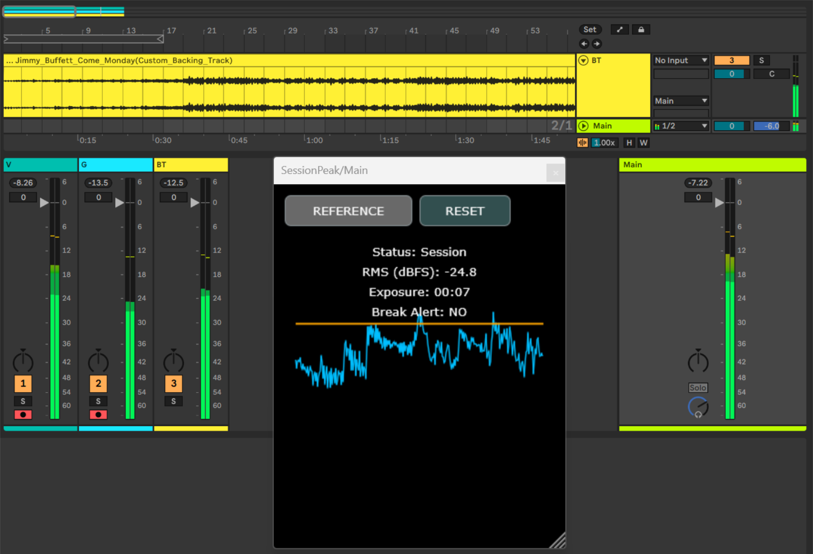 SessionPeak monitoring listening exposure during a mix session